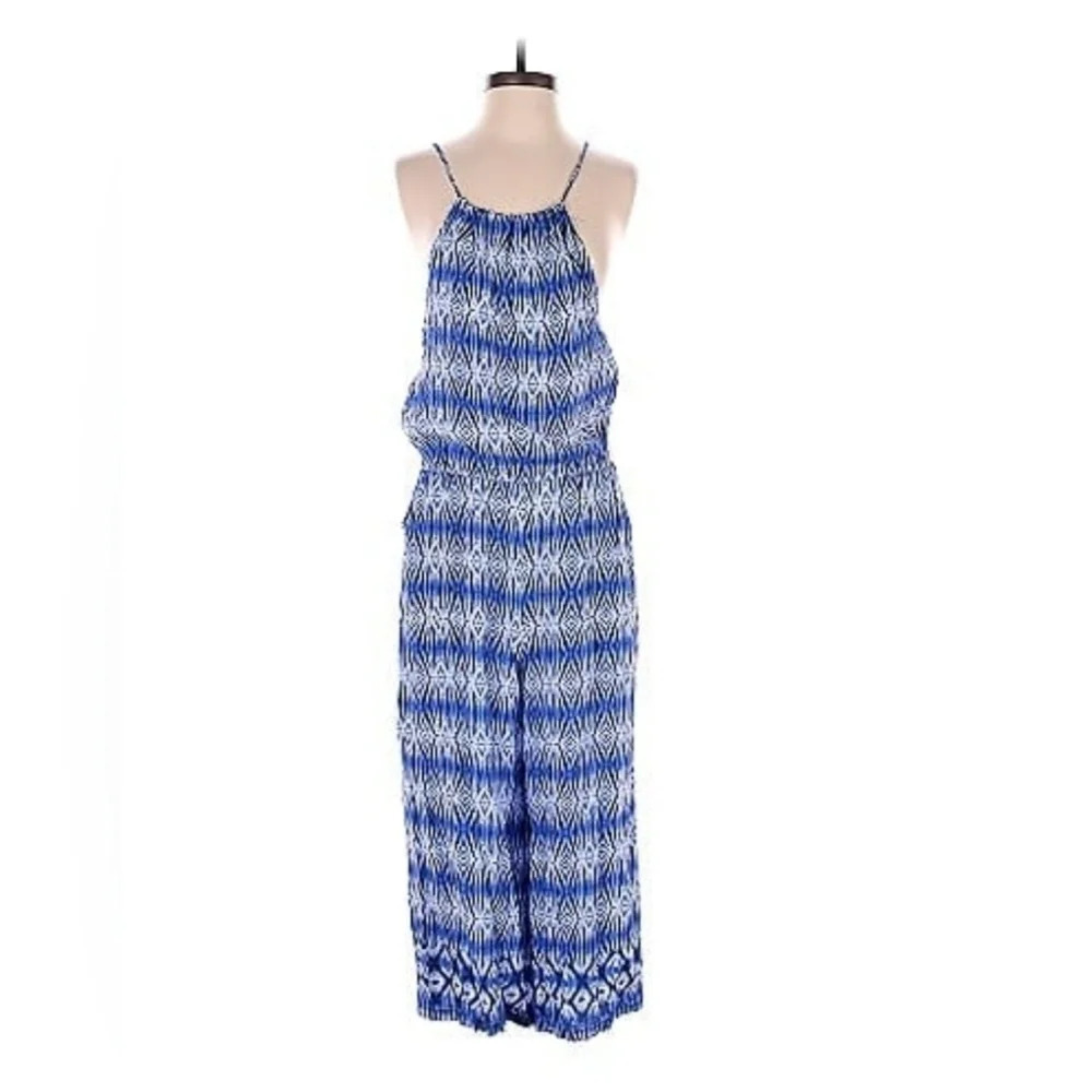 Wide leg Romper jumper Large Abstract Pattern blue & white Beach Boho Casual